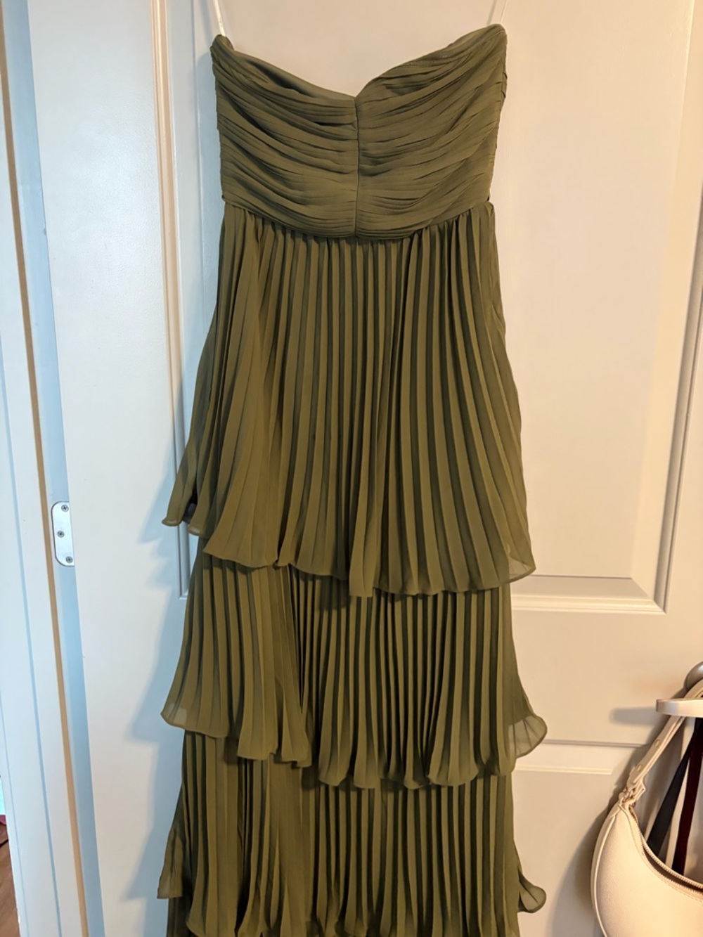 Lulu's Olive Green Strapless Pleated Tiered Maxi Dress